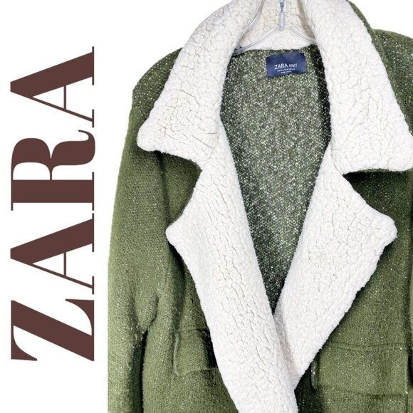 ZARA SHERPA KNIT SWEATER CARDIGAN JACKET OLIVE GREEN RELAXED OVERSIZED, MEDIUM - Picture 10 of 12